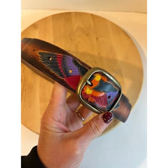 Vintage 90s Painted Eagle Genuine Leather Brass Buckle Belt Size Small